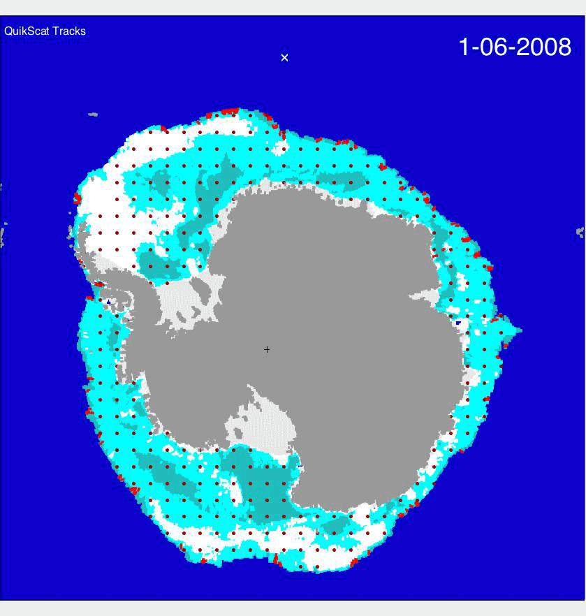 NASA QuikScat data of Antarctic sea ice movement (June-Sept. 2008) overlaid on maps of sea ice type (white = rough older ice; light blue = older ice, darker blue = younger ice, red = melt on ice, light gray = permanent ice, darker gray = land, deep blue = open water). Red/black dots track ice movement over time. Credit: NASA/JPL-Caltech/University of Washington/U.S. National Ice Center.