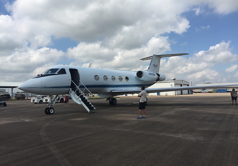 NASA’s modified Gulfstream-III on the runway at Ellington Field Airport in Houston, Texas, with OMG scientists and engineers aboard.