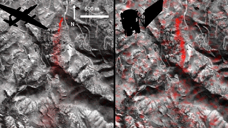 Comparison of detected methane plumes over Aliso Canyon, California, acquired 11 days apart in Jan. 2016 by: (left) NASA's AVIRIS instrument on a NASA ER-2 aircraft at 4.1 miles (6.6 kilometers) altitude and (right) by the Hyperion instrument on NASA's Earth Observing-1 satellite in low-Earth orbit. Credit: NASA-JPL/Caltech/GSFC.