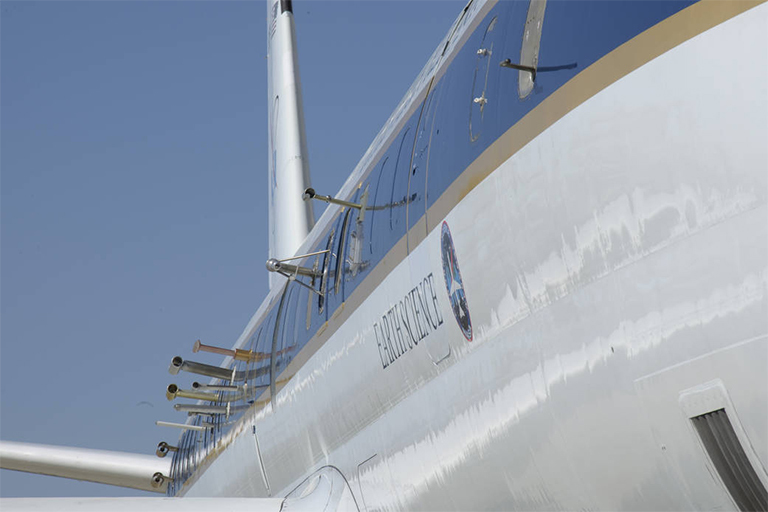 Close-up on probes on the outside of NASA's DC-8 aircraft to collect atmospheric samples.