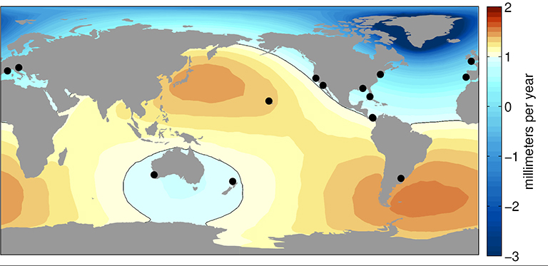 Sea level change resulting from Greenland ice melt, derived from NASA GRACE measurements. Black circles show locations of the best historical water level records, which underestimate global average sea level rise due to Greenland melt by about 25 percent. Credit: University of Hawaii/NASA-JPL/Caltech.