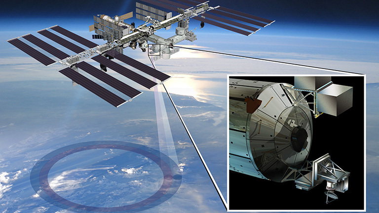 Artist's rendering of NASA's ISS-RapidScat instrument (inset). Credit: NASA/JPL-Caltech/Johnson Space Center