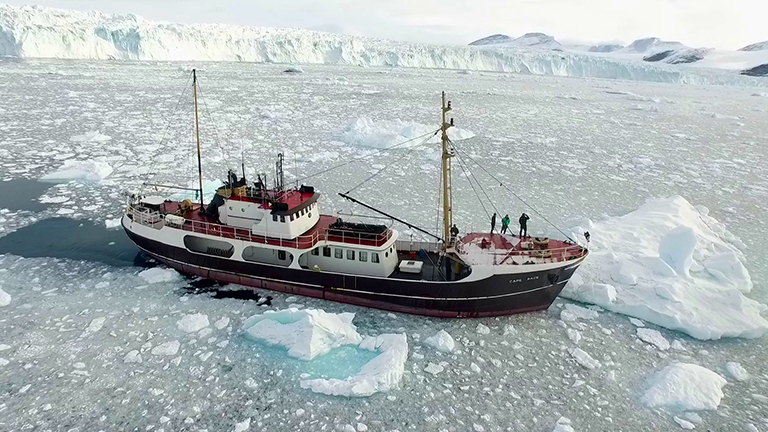 The research ship M/V Cape Race on Greenland's northwest coast during OMG's survey of the seafloor. Credit: NASA/JPL-Caltech.