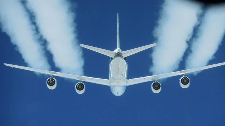 The DC-8's four engines burned either JP-8 jet fuel or a 50-50 blend of JP-8 and renewable alternative fuel of hydro processed esters and fatty acids produced from camelina plant oil. Credit: NASA/SSAI Edward Winstead.