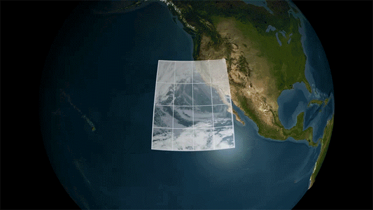 A visualization of AIRS measurements of water vapor in a storm near Southern California.