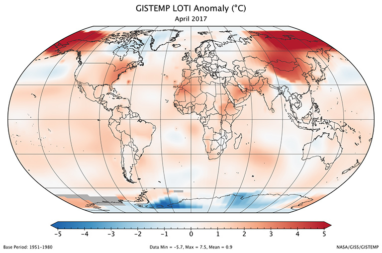 Global map of the April 2017 LOTI (land-ocean temperature index) anomaly shows that central and northeast Asia continued to be much warmer than the 1951-1980 base period. In the United States, Alaska was much warmer than normal. View larger image.