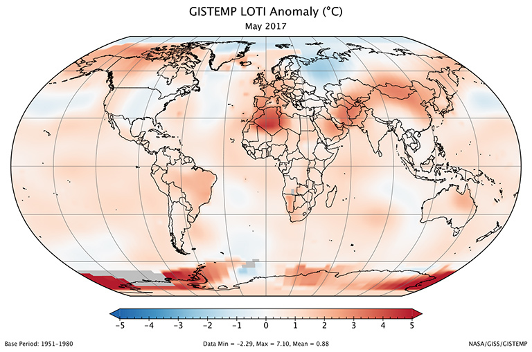 A global map of the May 2017 LOTI (land-ocean temperature index) anomaly shows that the extreme warmth that affected parts of the northern hemisphere &mdash; Siberia in particular &mdash; in prior months has partially abated. View larger image.