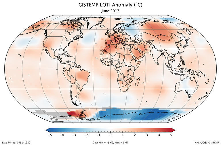 A global map of the June 2017 LOTI (land-ocean temperature index) anomaly, relative to the 1951-1980 June average.