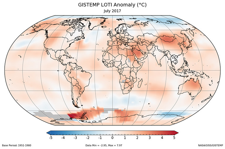 A global map of the June 2017 LOTI (land-ocean temperature index) anomaly, relative to the 1951-1980 June average. View larger image.