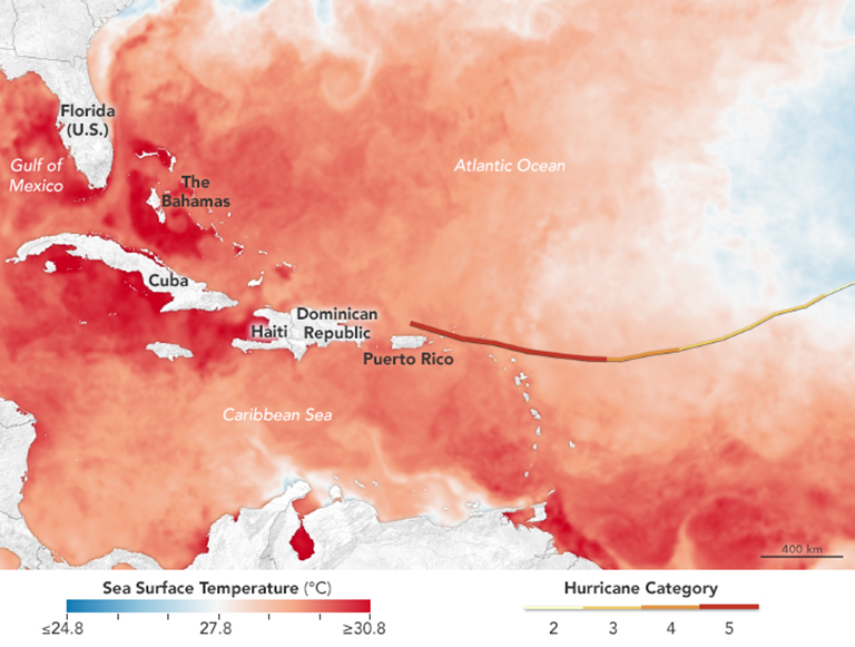The map above shows sea surface temperatures in the Atlantic Ocean, Caribbean Sea and Gulf of Mexico on Sept. 5, 2017. The mid-point of the color scale is 27.8°C, a threshold that scientists generally believe to be warm enough to fuel a hurricane. The yellow-to-red line on the map represents Irma’s track from Sept. 3–6.
