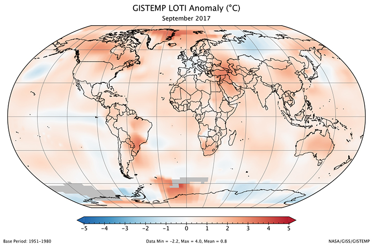 A global map of the September 2017 LOTI (land-ocean temperature index) anomaly, relative to the 1951-1980 September average. View larger image.