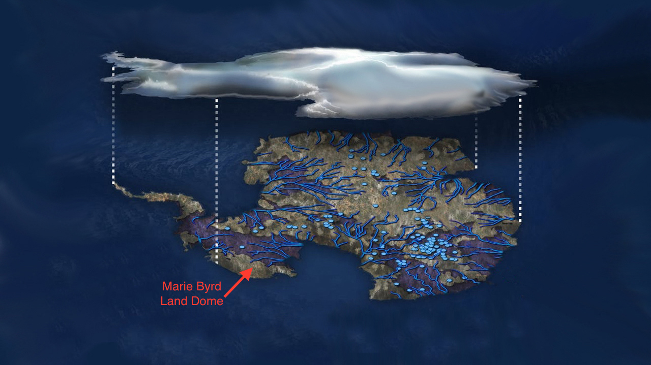Illustration of flowing water under the Antarctic ice sheet