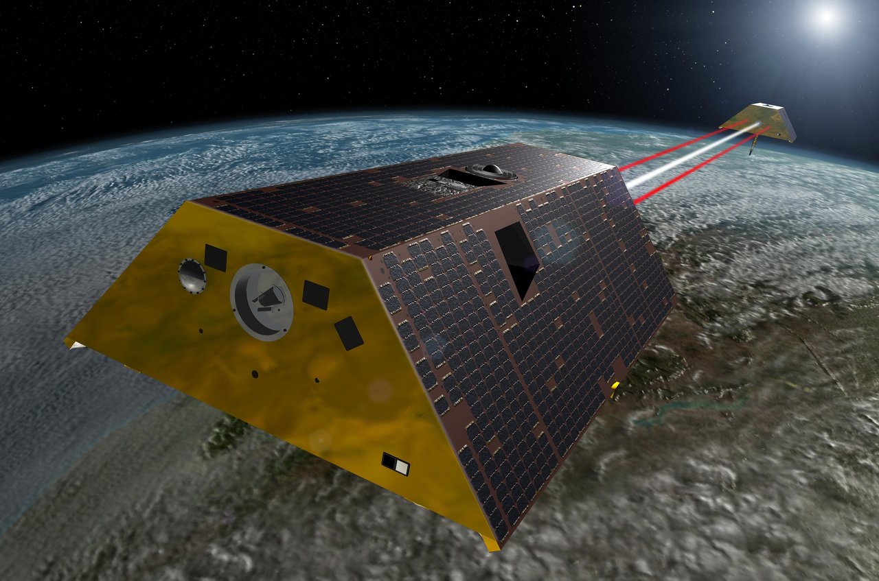 The two satellites that make up NASA’s Gravity Recovery and Climate Experiment Follow-On (GRACE-FO) mission, launching May 19, 2018, will monitor changes in ice sheets and glaciers, underground water storage and sea level, providing a unique view of Earth’s climate that has far-reaching benefits. Credit: NASA