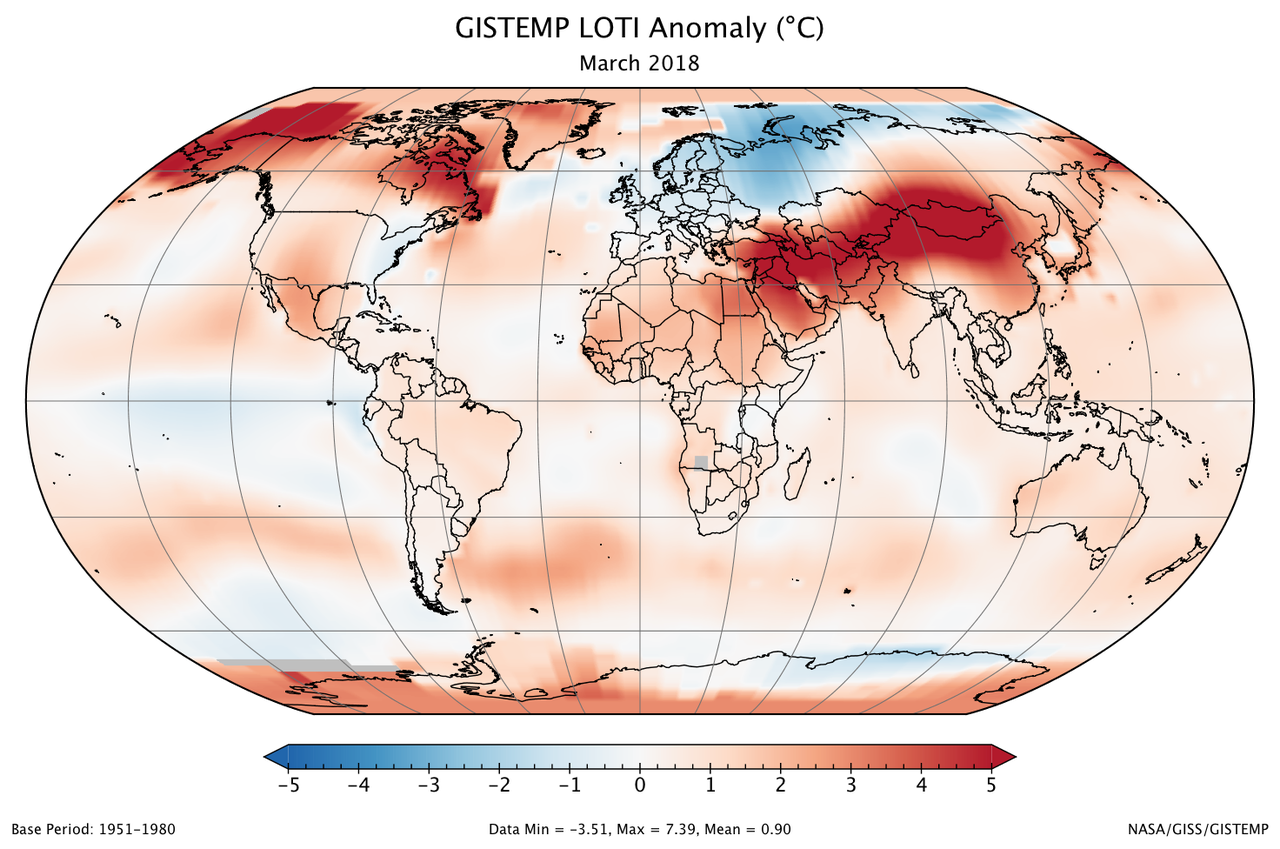 A global map of the March 2018 LOTI (land-ocean temperature index) anomaly, relative to the 1951-1980 March average. View larger image.