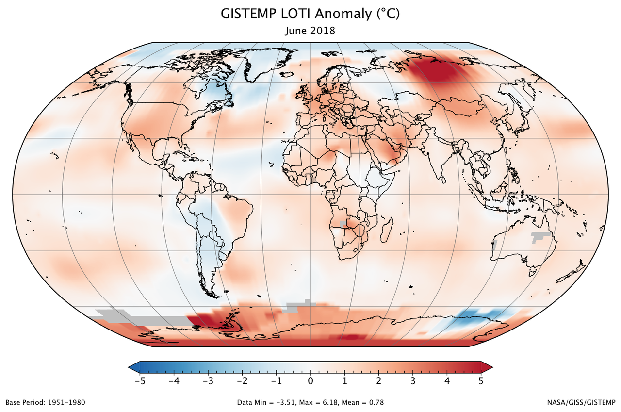 A global map of the June 2018 LOTI (land-ocean temperature index) anomaly, relative to the 1951-1980 June average. View larger image.