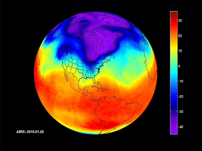 NASA's Atmospheric Infrared Sounder (AIRS) instrument captures a polar vortex