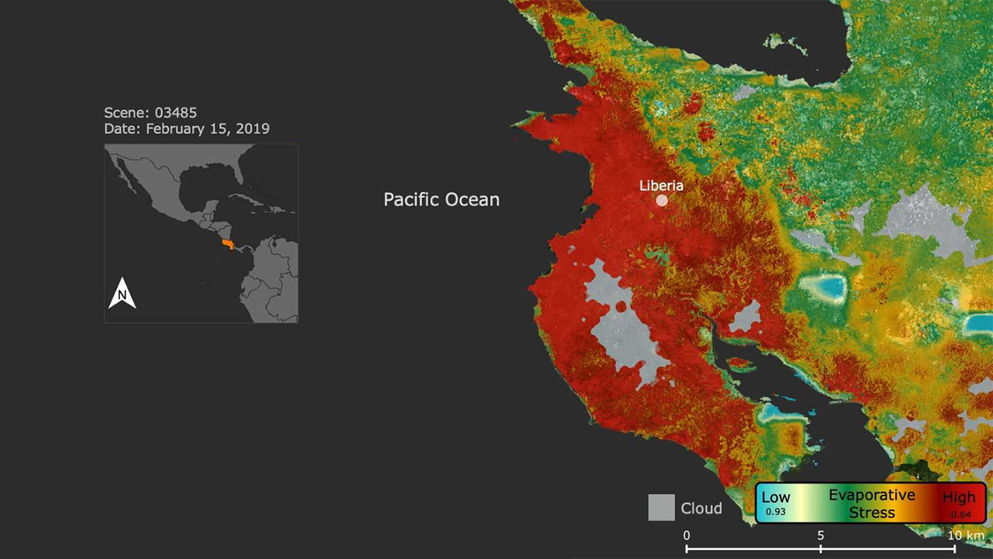 This ECOSTRESS image shows plant stress in the Guanacaste region of Costa Rica (shown in red on inset map) a few months after a major Central American drought began.