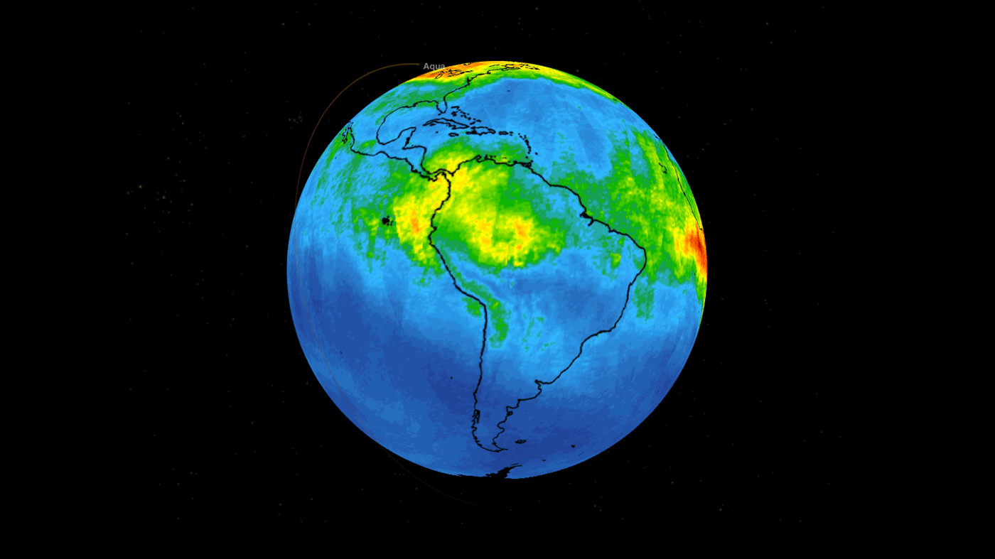 Image of Earth showing carbon monoxide levels in green(low) to red (high).