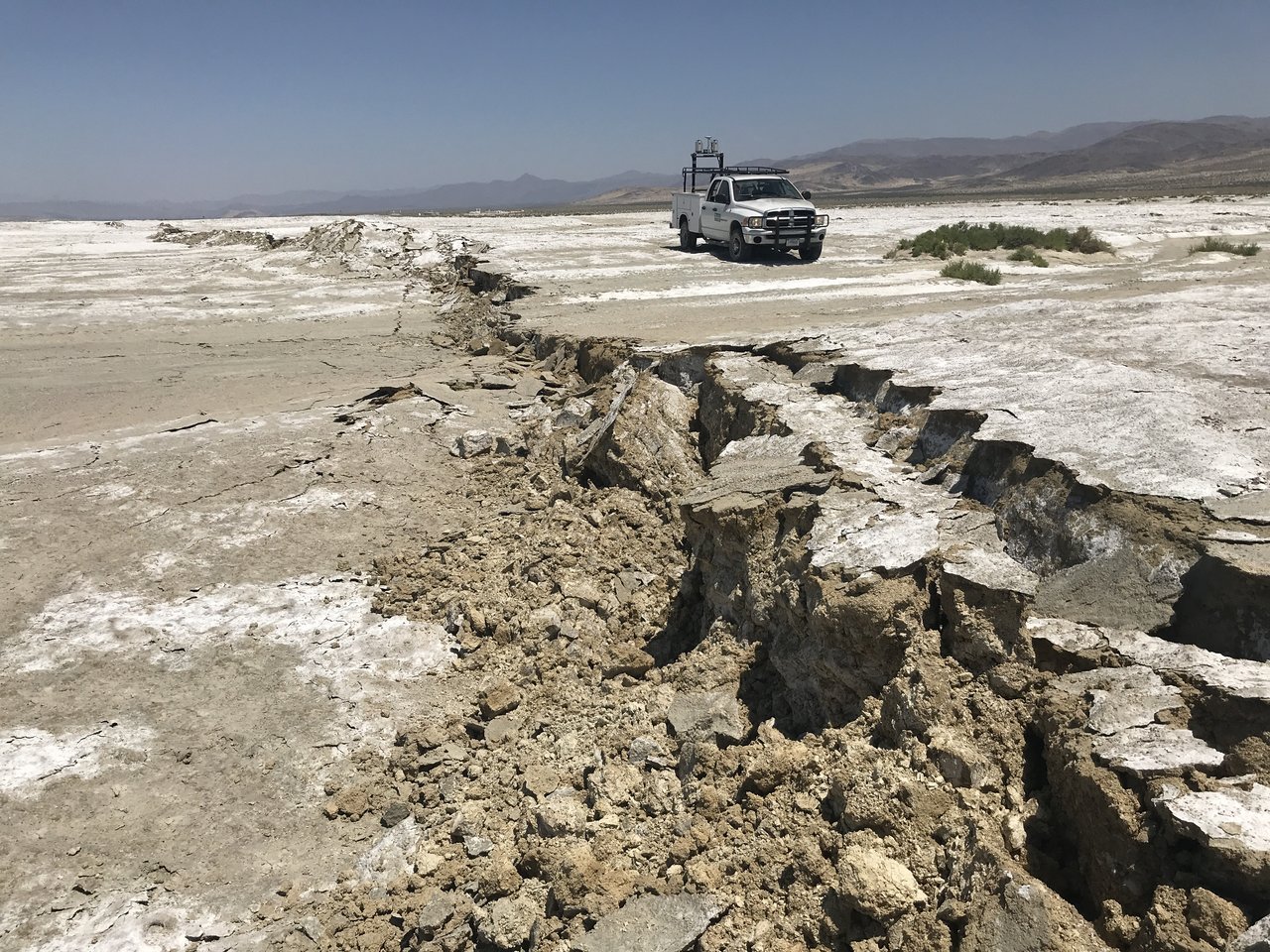 A USGS Earthquake Science Center Mobile Laser Scanning truck scans the surface rupture near the zone of maximum surface displacement of the magnitude 7.1 Searles Valley earthquake that struck the Ridgecrest, California area. Credit: USGS / Ben Brooks