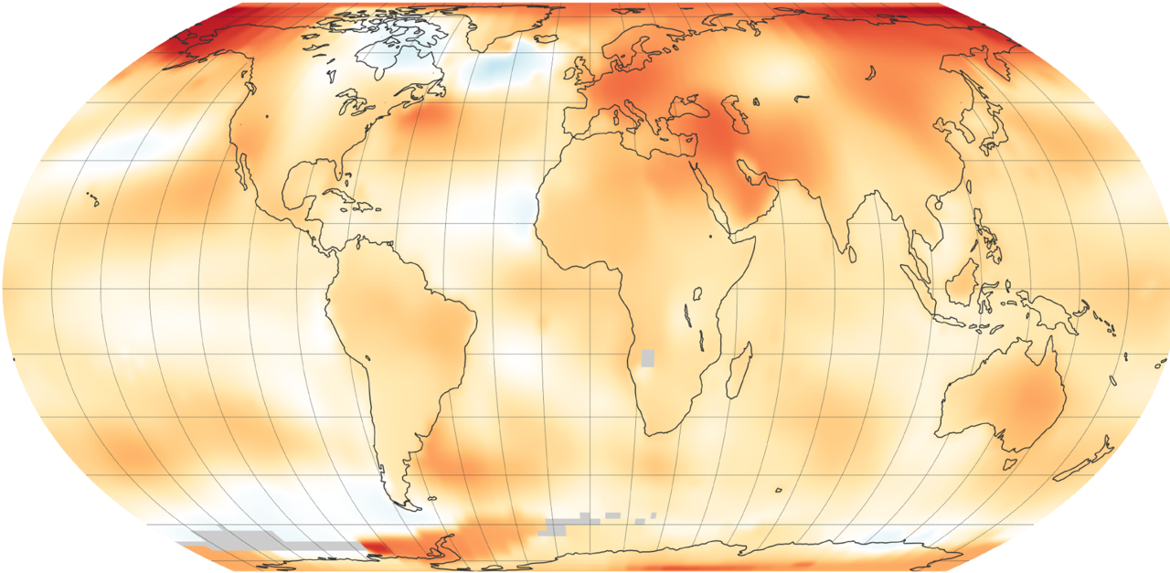 NASA and NOAA are two keepers of the world's temperature data and independently produce a record of Earth's surface temperatures and changes. Shown here are 2018 global temperature data: higher than average (1951-1980) temperatures are shown in red, lower than normal temperatures are in blue. Credit: NASA Earth Observatory