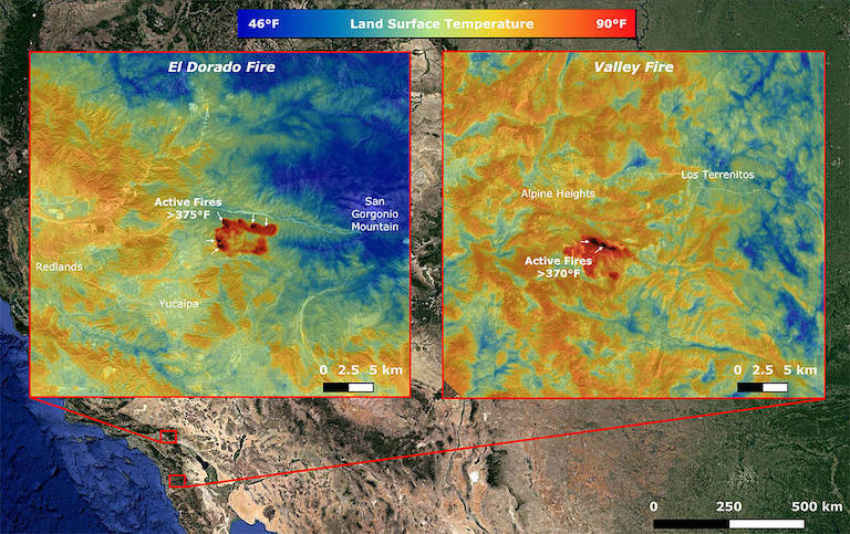 Images taken by NASA's ECOSTRESS showmultiple concentrated areas of surface temperatures (in red) higher than 375 degrees Fahrenheit (191 degrees Celsius).Image Credit: NASA/JPL-Caltech