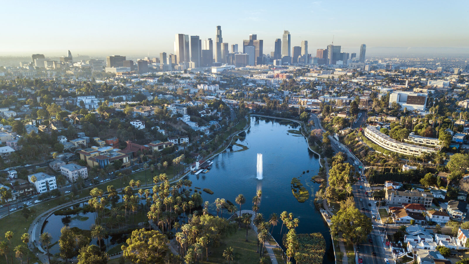 Echo Park Lake with Downtown Los Angeles skyline in the background