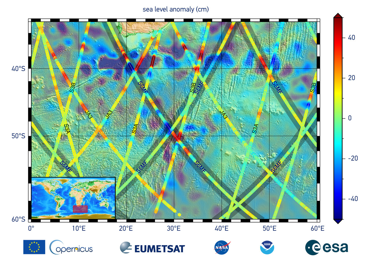 The data in this graphic are the first sea surface height measurements from the Sentinel-6 Michael Freilich satellite (S6MF)