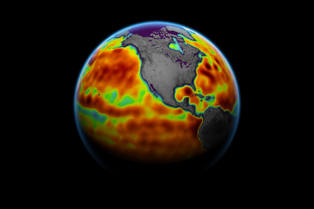This map shows sea level measured by the Sentinel-6 Michael Freilich satellite from June 5 to 15. Red areas are regions where sea level is higher than normal, and blue areas indicate areas where it’s lower than normal. Credit: NASA Earth Observatory