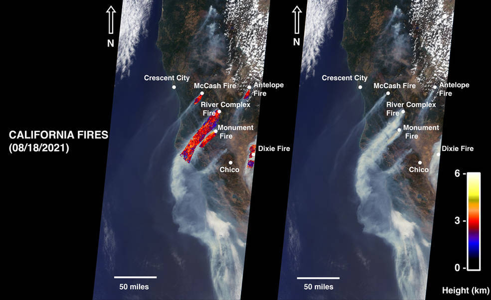 NASA’s MISR instrument captured smoke plumes from five fires burning in northern California. The highest plume reached about 19,685 feet (6,000 meters) in altitude. Credit: NASA/GSFC/LaRC/JPL-Caltech, MISR Team