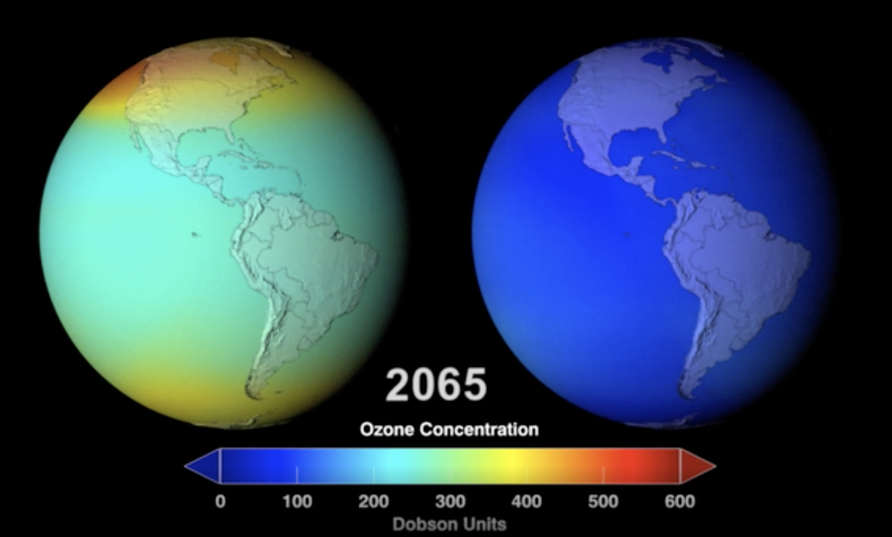 A side-by-side comparison of modeled ozone concentration in Earths atmosphere with the Montreal Protocol (left) and without (right).