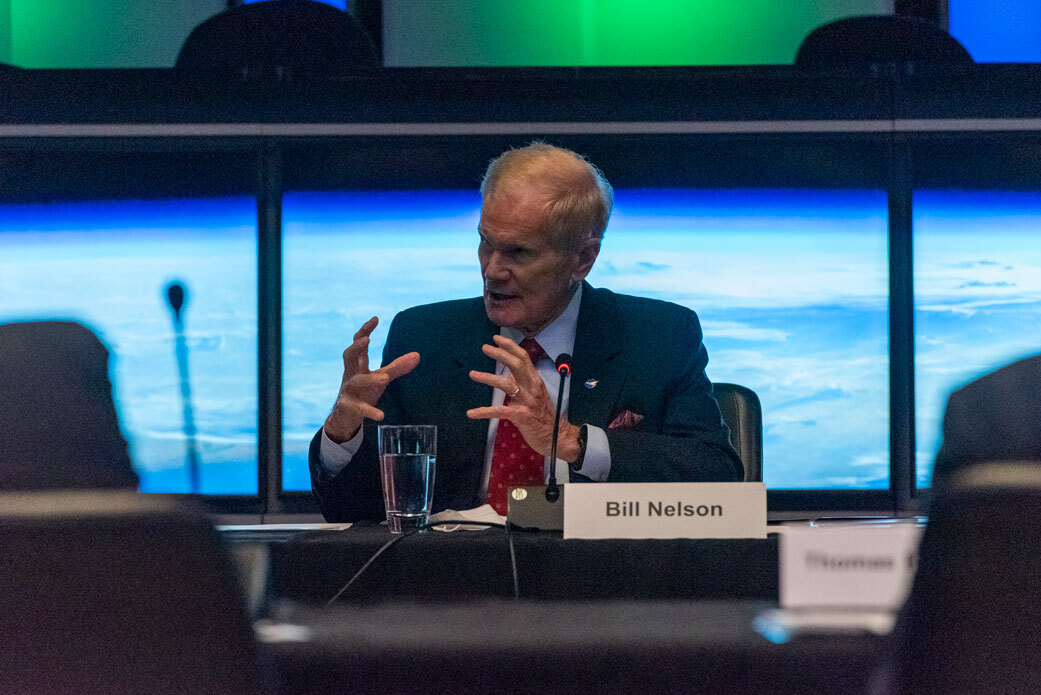 NASA Administrator Bill Nelson addresses participants during a climate roundtable at the agency’s Jet Propulsion Laboratory in Southern California on Oct. 14, 2021.