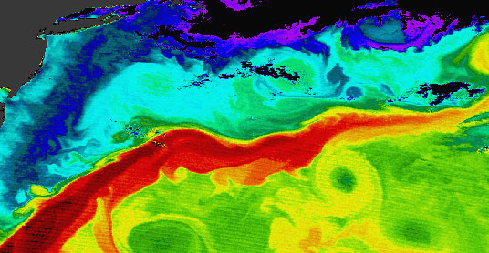 Credit: This sea surface temperature image was created at the University of Miami using the 11- and 12-micron bands, by Bob Evans, Peter Minnett, and co-workers.