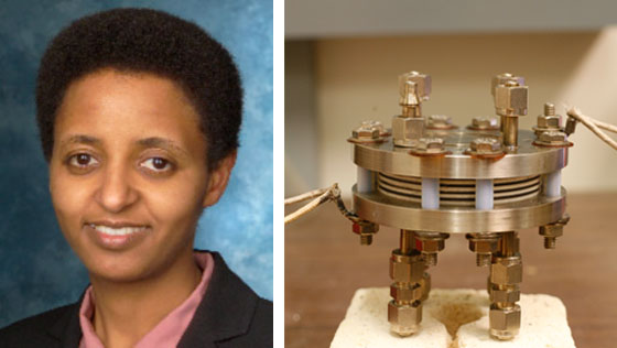 Picture of Sossina Haile and a fuel cell