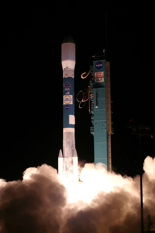 On June 20, 2008, the Jason-2 satellite was launched aboard a Delta II rocket from Space Launch Complex 2 at Vandenberg Air Force Base, Calif. Jason-2 has been very successfully tracking sea level rise from space. Photo credit: United Launch Alliance.