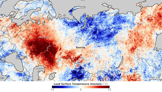 This map shows land surface temperature anomalies (changes) in the Russian Federation from July 20-27, 2010, compared to temperatures for the same dates from 2000 to 2008. Image taken by the Moderate Resolution Imaging Spectroradiometer (MODIS) onboard NASA's Terra satellite. Credit: NASA/Goddard/Earth Observatory.