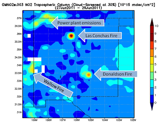 This image from the OMI instrument on NASA's Aura satellite shows nitrogen dioxide levels from June 27 to 29, 2011 in New Mexico and Arizona pertaining to three large fires. The highest levels of NO2 were from the Las Conchas fire (red). The NO2 is measured by the number of molecules in a cubic centimeter. Credit: NASA/James Acker