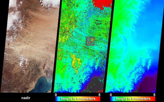 The Multi-angle Imaging SpectroRadiometer (MISR) captured these views of the dust and sand that swept over northeast China on March 10, 2004. Information on the height of the dust and an indication of the probable dust source region are provided by these images, which include a natural-color snapshot from MISR's nadir camera (left), a stereoscopically-retrieved height field (center) and a map of terrain elevation (right). Image Credit: NASA/GSFC/LaRC/JPL, MISR Team