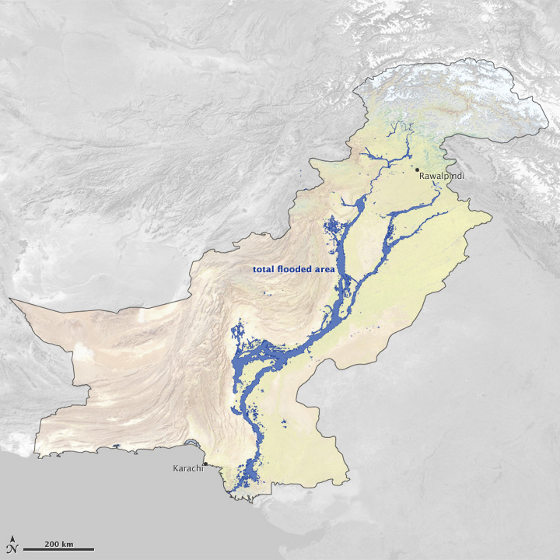 Floods covered at least 14,390 square miles (37,280 square kilometers) of Pakistan between July 28 and September 16, 2010.
