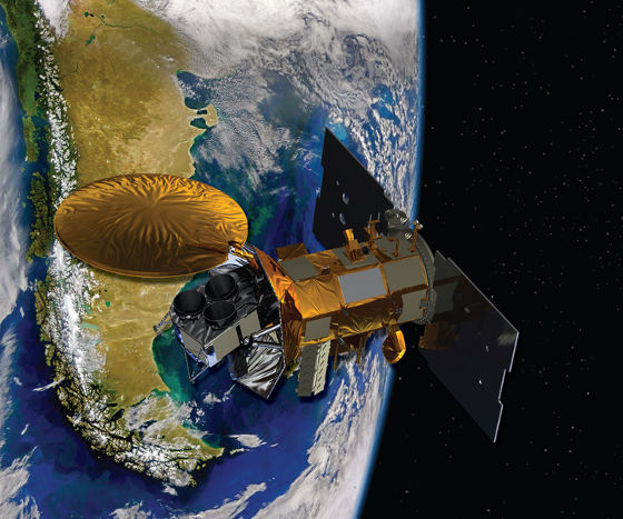 Artist's concept of the Aquarius/SAC-D spacecraft, a collaboration between NASA and Argentina's space agency, with participation from Brazil, Canada, France and Italy. Aquarius, the NASA-built primary instrument on the spacecraft, will take NASA's first space-based measurements of ocean surface salinity, a key missing variable in satellite observations of Earth that links ocean circulation, the global balance of freshwater and climate. The mission is scheduled to launch in June. Credit: NASA