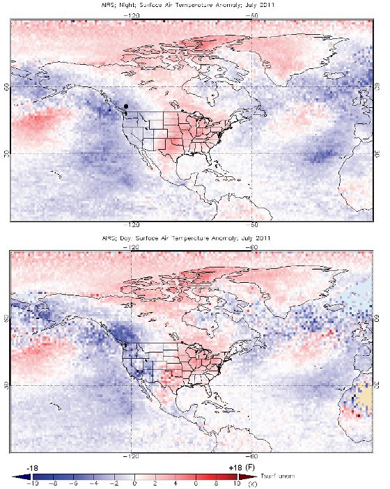 Night and day time temperatures during July were significantly warmer than has been typical over the last eight years. As seen in the top graphic, the heat remained anonymously over much of the country at night. (Credit: NASA/Goddard Earth Science Data and Information Center)
