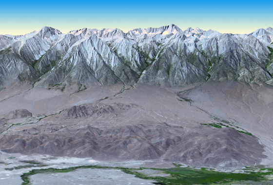 At 14,505 feet (4,421 meters) in elevation, California's Mt. Whitney, located in the Sierra Nevada Mountains on the west side of Owens Valley, is the highest point in the contiguous United States. Image credit: NASA/GSFC/METI/ERSDAC/JAROS, and U.S./Japan ASTER Science Team