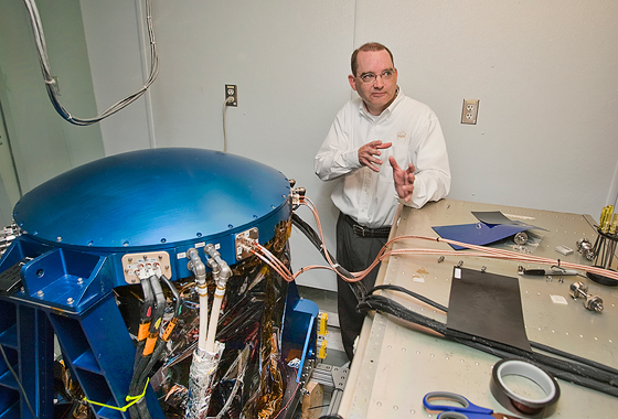 Grady Koch explains how the DAWN instrument measures offshore wind speed and direction. Credit: Sean Smith/NASA