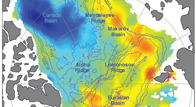 Increasing freshwater on the U.S. and Canadian side of the Arctic from 2005 to 2008 is balanced by decreasing freshwater on the Russian side, so that on average the Arctic did not have more freshwater. Here blue represents maximum freshwater increases and the yellows and oranges represent maximum freshwater decreases. Credit: University of Washington