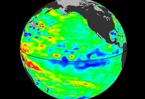 The latest image of sea surface heights in the Pacific Ocean from NASA's Jason-2 satellite shows that the current La Niña is peaking in intensity. Yellows and reds indicate areas where sea surface height is higher than normal (due to warm water), while blues and purples depict areas where sea surface height is lower than normal (due to cool water). Green indicates near-normal conditions. Credit: NASA/JPL Ocean Surface Topography Team