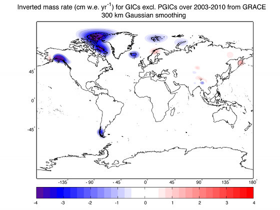 Changes in ice thickness (in centimeters per year) during 2003-2010 as measured by NASA's Gravity Recovery and Climate Experiment (GRACE) satellites, averaged over each of the world's ice caps and glacier systems outside of Greenland and Antarctica. Image credit: NASA/JPL-Caltech/University of Colorado