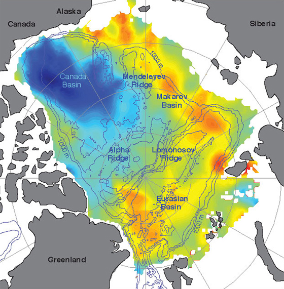 GRACE tracks near-surface and deep-ocean currents to improve our understanding of ocean circulation. Earlier this year, a NASA study detected a previously unknown redistribution of freshwater during the past decade from the Eurasian half of the Arctic Ocean to the Canadian half. Credit: University of Washington