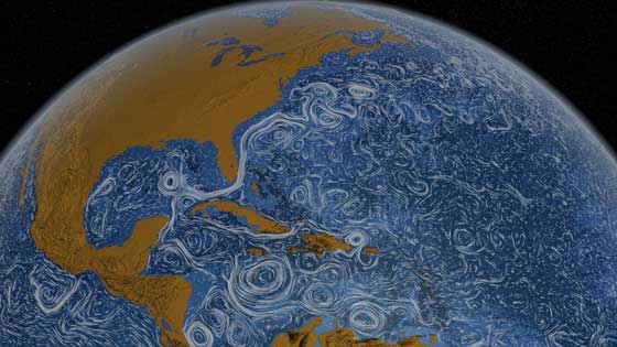 A new NASA animation shows the global movement of Earth's ocean surface currents from June 2005 to December 2007. The animation was created using data from NASA satellites, direct ocean measurements and a numerical model developed by NASA JPL and the Massachusetts Institute of Technology. Credit: NASA/SVS.