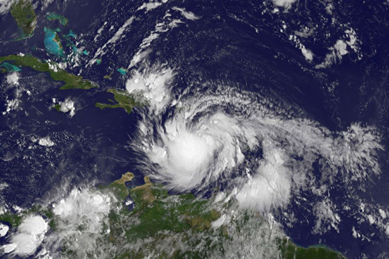 This visible image of Tropical Storm Isaac was captured by NOAA's GOES-13 satellite on Aug. 23 at 7:45 a.m. EDT as it was lashing the eastern Caribbean. Credit: NASA/NOAA GOES Project