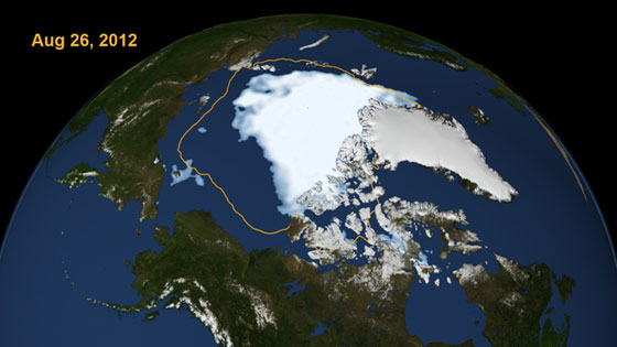This visualization shows the extent of Arctic sea ice on Aug. 26, 2012, the day the sea ice dipped to its smallest extent ever recorded in more than three decades of satellite measurements, according to scientists from NASA and the National Snow and Ice Data Center. The data is from the U.S. Defense Meteorological Satellite Program's Special Sensor Microwave/Imager. The line on the image shows the average minimum extent from the period covering 1979-2010, as measured by satellites. Every summer the Arctic ice cap melts down to what scientists call its "minimum" before colder weather builds the ice cover back up. The size of this minimum remains in a long-term decline. The extent on Aug. 26. 2012 broke the previous record set on Sept. 18, 2007. But the 2012 melt season could still continue for several weeks. Image credit: Scientific Visualization Studio, NASA Goddard Space Flight Center