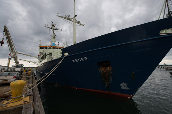 The Woods Hole Oceanographic Institution's research vessel Knorr is seen docked on Tuesday, Sept. 4, 2012, in Woods Hole, Mass. (Credit: NASA/Bill Ingalls)